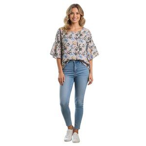 Viola Borghi Made In Italy 100% Linen Butterfly Floral Bell Sleeve Top Size L